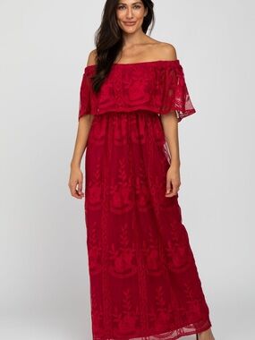 Pinkblush Maternity Off-Shoulder Red Embroidered Maxi Dress